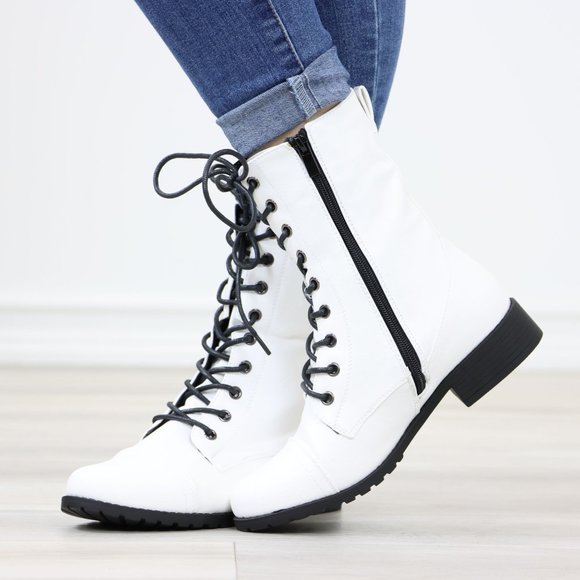 White Synthetic Leather Low Heel Round Toe Above Ankle Combat Boots - Picture 7 of 13